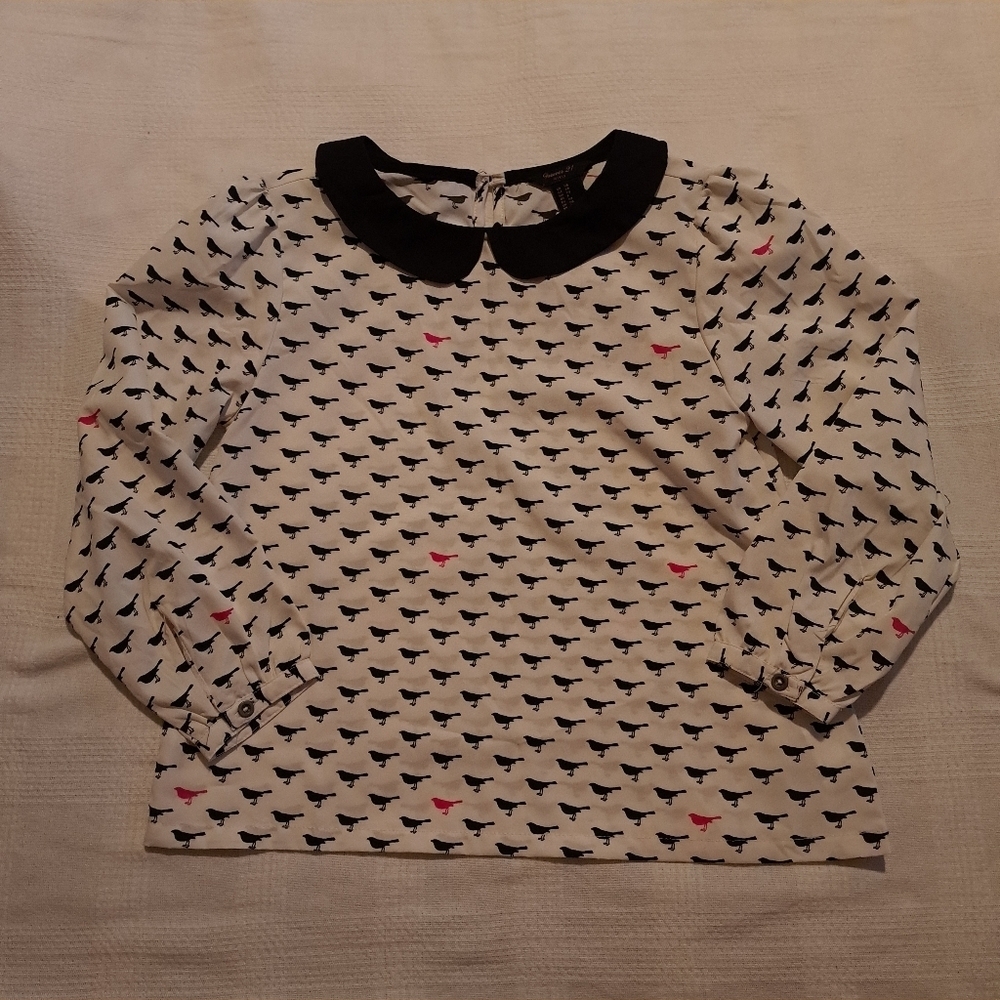 Forever 21 girls size 7-8 blouse with pink and black crows peter pan collar, EUC